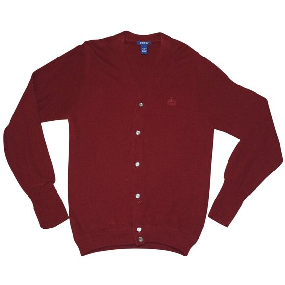 Vintage Izod Button Up Cardigan Sweater Red V Neck Crest Medium Made in USA - Picture 1 of 5